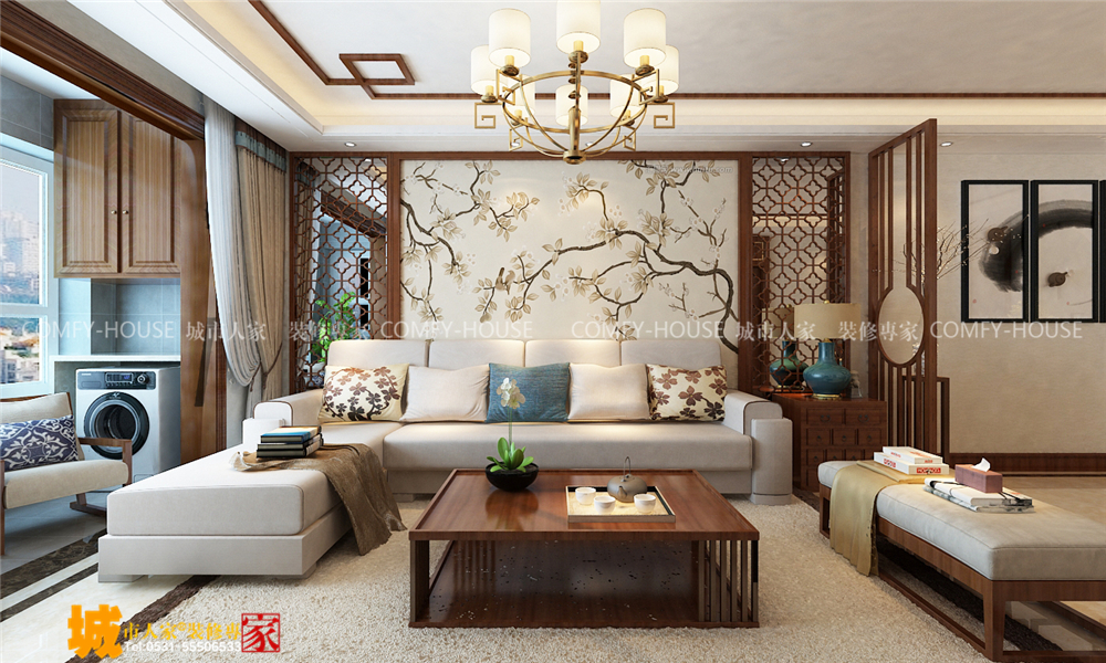 三居 客厅 卧室 餐厅图片来自济南城市人家装饰设计公司在财富中心127平新中式风格装修的分享