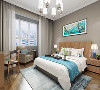 主卧室背景墙采用灰色调为主、蓝、原木等色彩元素搭配体现温馨的感觉，柔和的色调，不会显得混乱。次卧与主卧色调相近使之整体色调和谐，空间温暖。