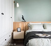 使用半高造型木质床头搭佐壁灯照拂，替主卧房创造温馨舒心气息。