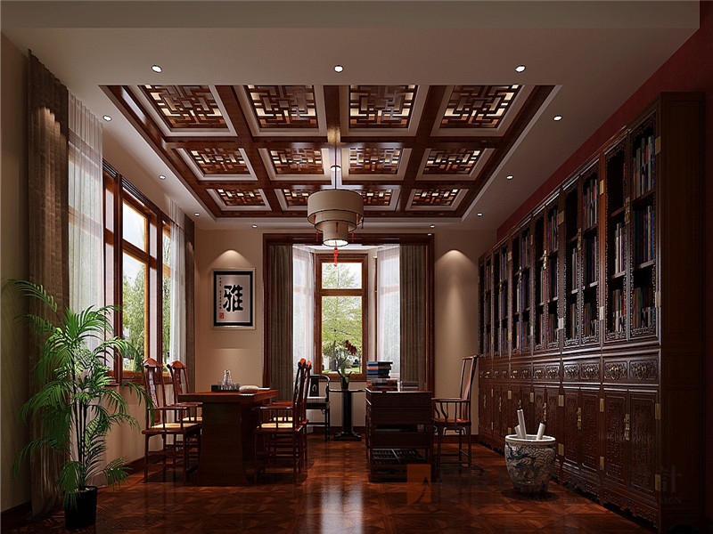 书房图片来自北京高度国际陈玲在450平米新中式装修案例的分享