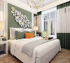 卧室同样采用的是以大面积的浅色搭配少量的绿色为主。绿色的床头背景墙搭配白色的墙面花朵造型。大面积的白灰色的床上用品搭配少量的绿色抱枕。白绿色的窗帘。