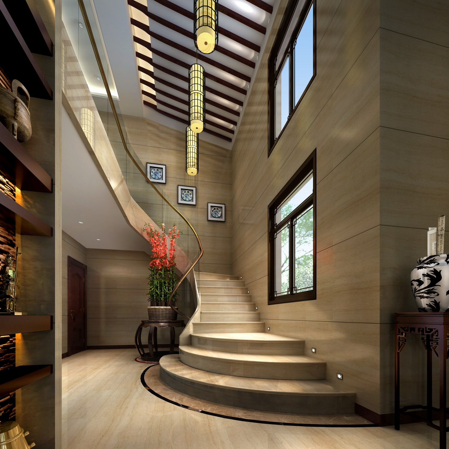 楼梯图片来自北京高度国际在领袖翡翠山280平米新中式风格的分享