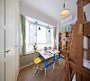 儿童房摆放两张小书桌，与旁边的飘窗结合

给孩子提供了一个学习的空间。