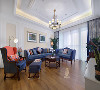 客厅沙发背景造型线条大气简洁，用两幅美式精致的油画点缀，再配上宝蓝色的布艺沙发，彩色的抱枕，整个客厅空间不会觉得沉闷。