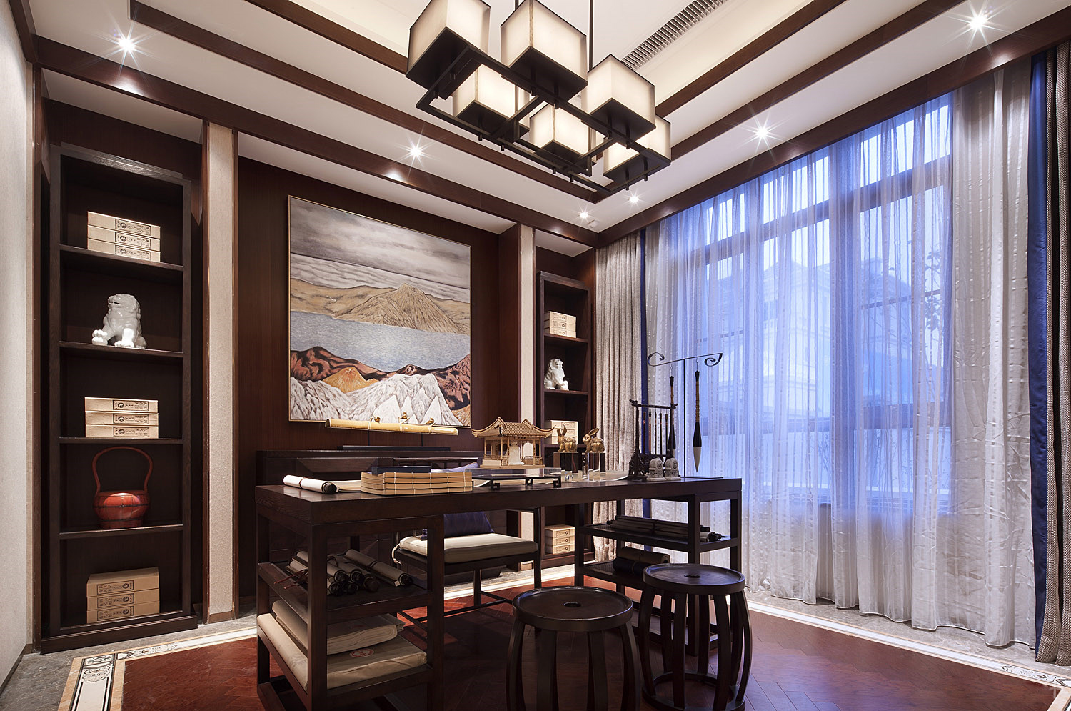 中式 别墅 跃层 复式 大户型 书房图片来自高度国际姚吉智在500平米新中式品味优雅本色的分享