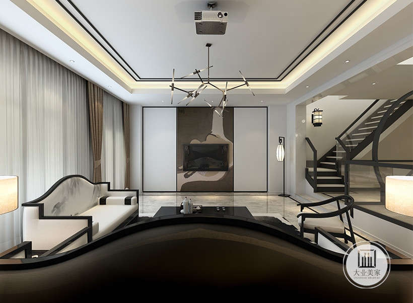 中式 新中式 别墅 设计 效果图 客厅 楼梯 沙发 背景墙 客厅图片来自大业美家 家居装饰在推荐：新中式的精髓黑白灰水墨的分享