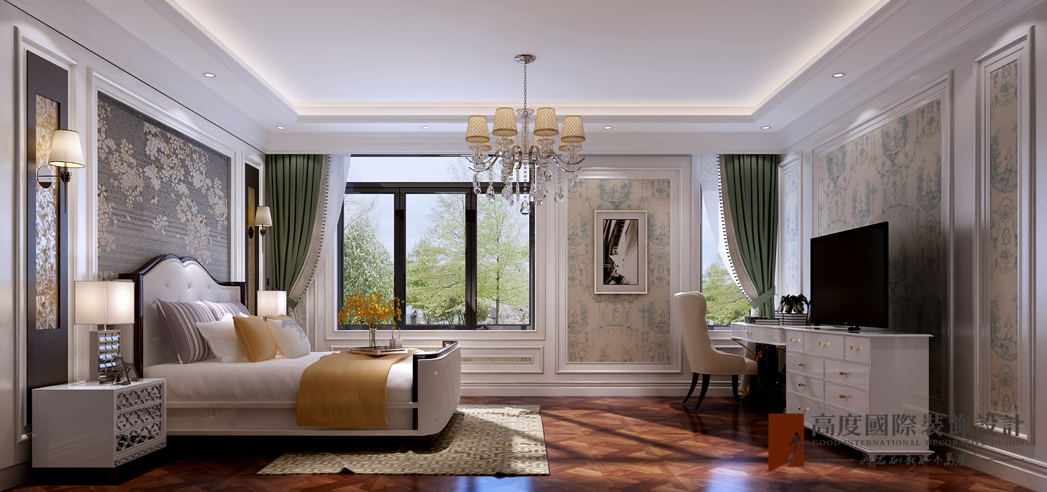 美式 别墅 跃层 复式 大户型 80后 小资 卧室图片来自高度国际姚吉智在金地中央世家600平米简美风格的分享