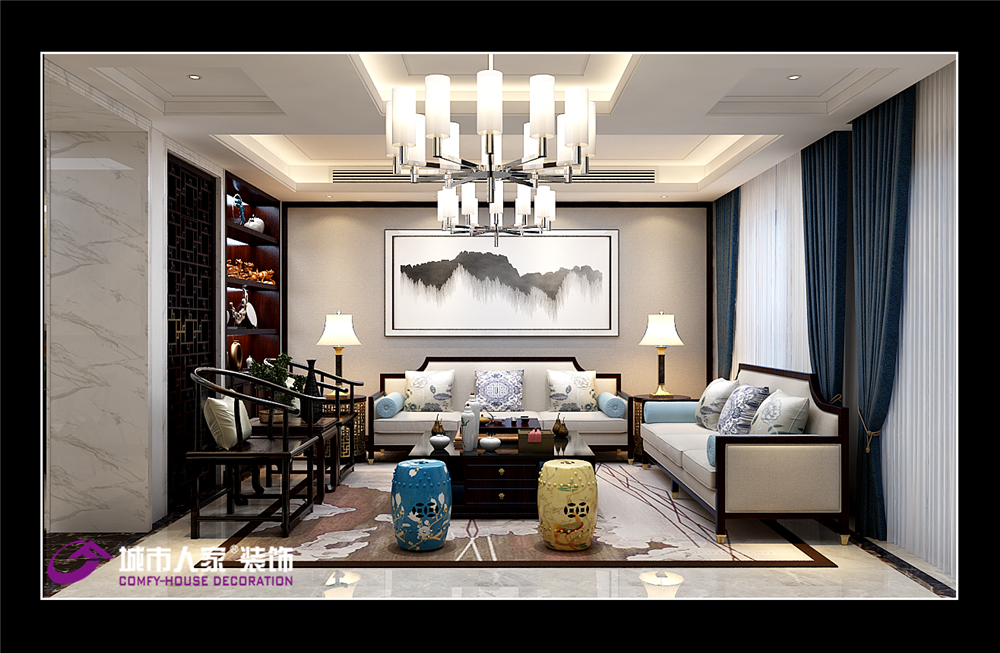简约 欧式 新中式 客厅图片来自济南城市人家装修公司-在银丰南山墅装修新中式风格效果图的分享