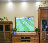 电视柜旁边陈设的两盆植被，
对称红蓝搭配，协调统一，
配上正在播放的足球比赛画面，
反倒增添了几分舒适。