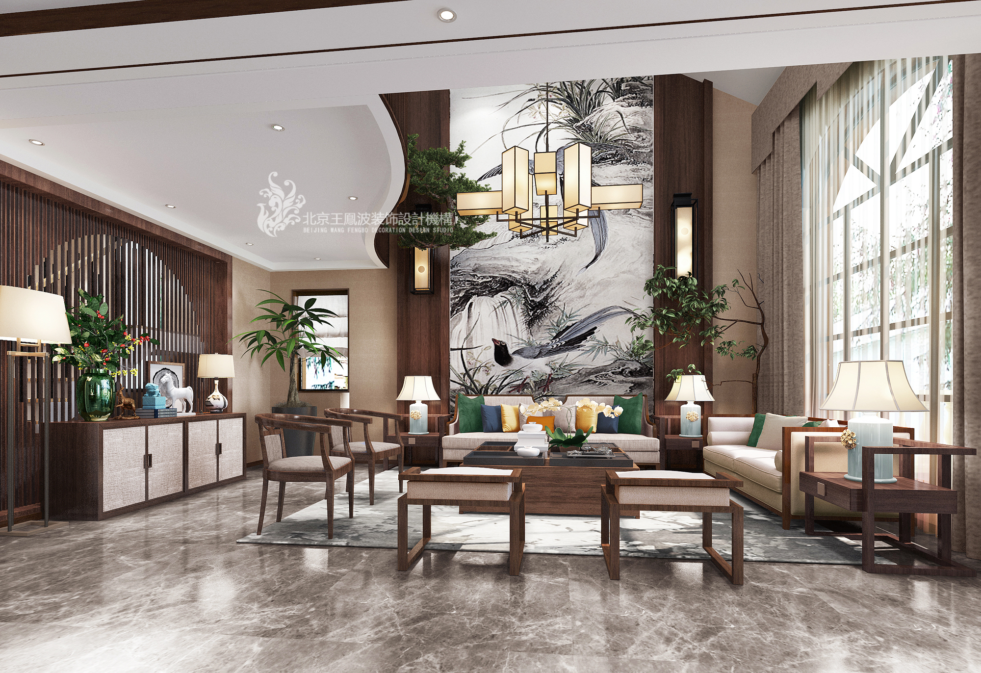 客厅图片来自王凤波设计机构在新中式别墅设计提香草堂的分享
