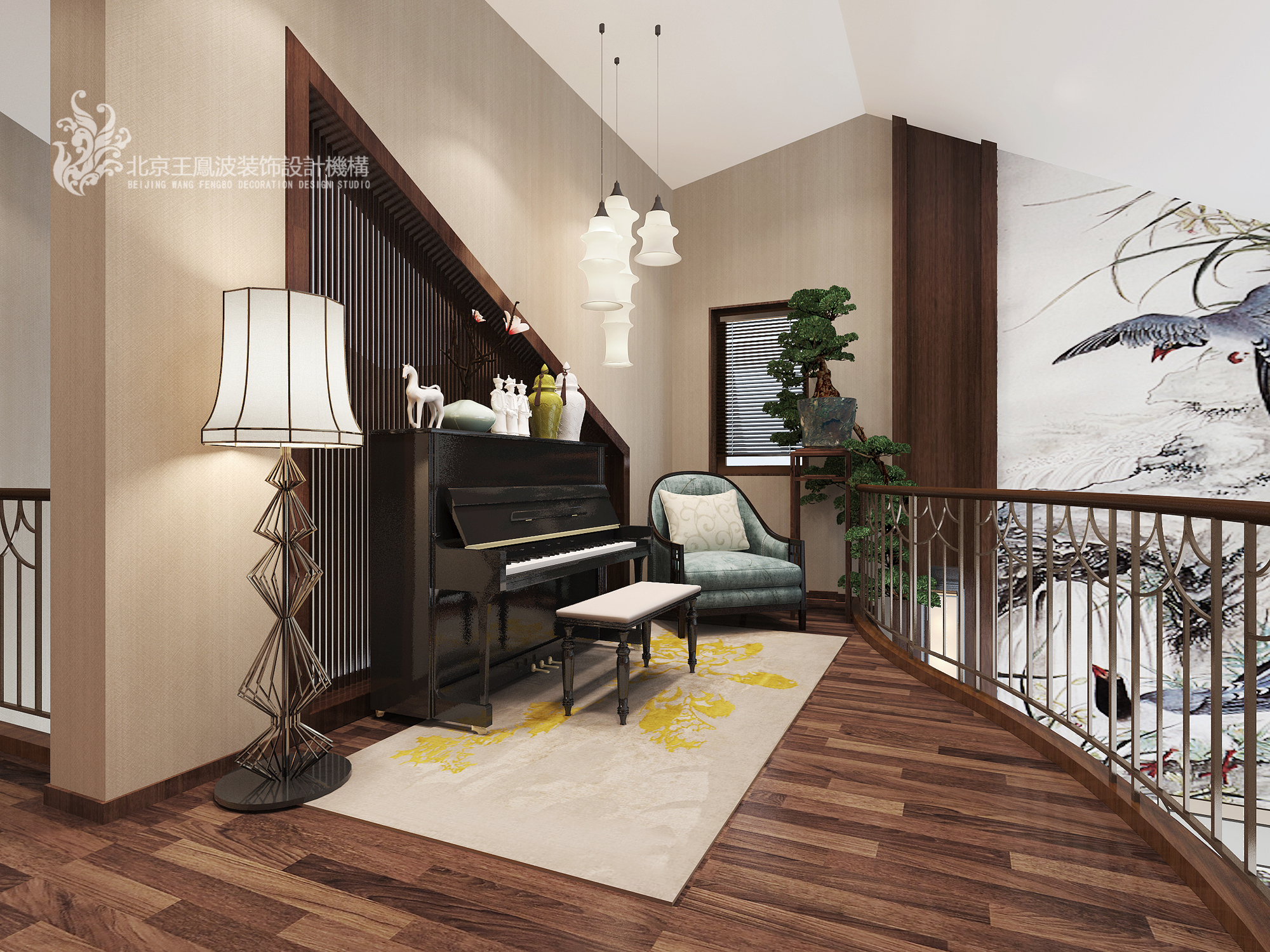 楼梯图片来自王凤波设计机构在新中式别墅设计提香草堂的分享