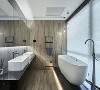卫生间选用独立浴缸，发光的地台划分干湿区。木纹砖使本作品的“气质”一贯而终。