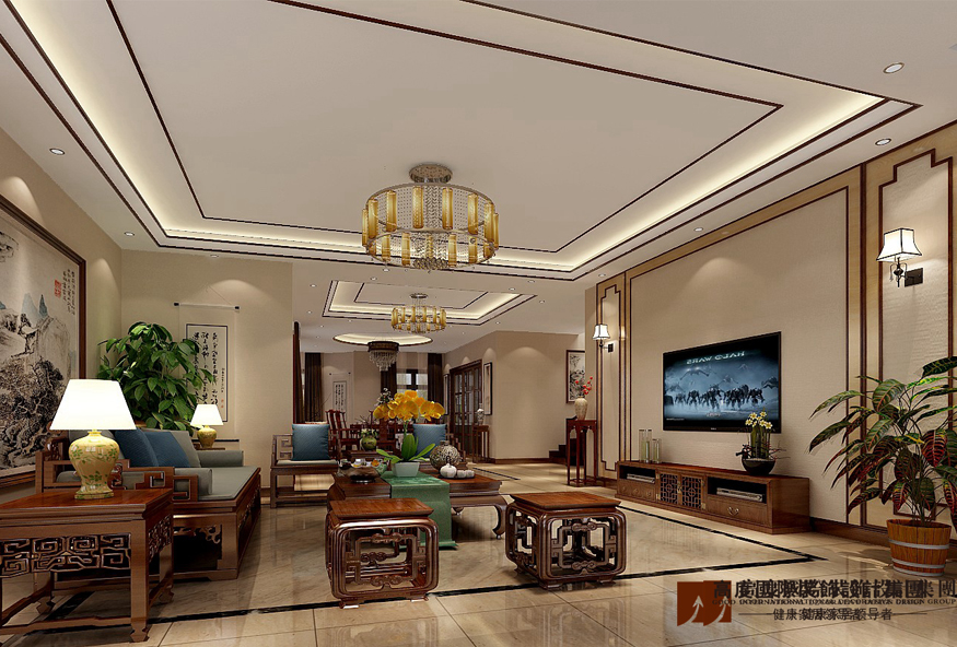 客厅图片来自北京高度国际在观山悦--500平米别墅新中式风格的分享