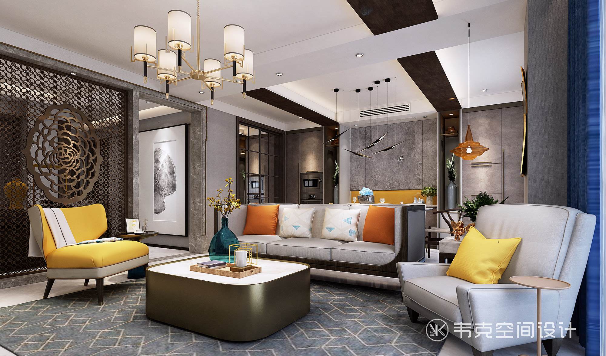 别墅 客厅图片来自韦克空间设计在371㎡轻奢新中式，美的像幅画！的分享