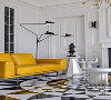 高饱和度的明黄色沙发极为醒目，而素简的壁炉与设计师自行设计的以英国诗人拜伦勋爵的爱情诗歌作主题