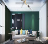 绿色墙面搭配白色系，看起来显得干净有格调，辅以跳色沙发，有种大自然的舒适感。