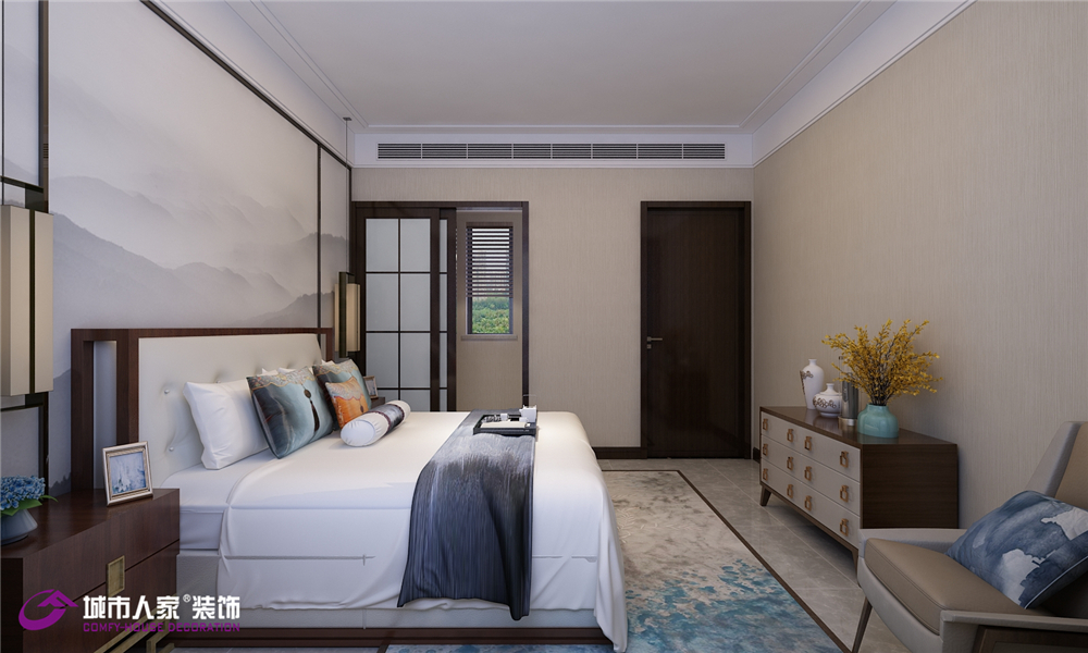 新中式 卧室图片来自济南城市人家装修公司-在中新锦绣天地新中式装修效果图的分享