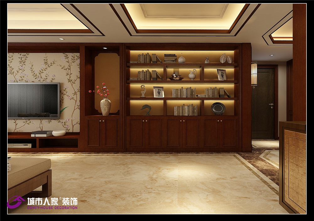 中式 客厅图片来自济南城市人家装修公司-在财富中心新中式风格装修效果图的分享