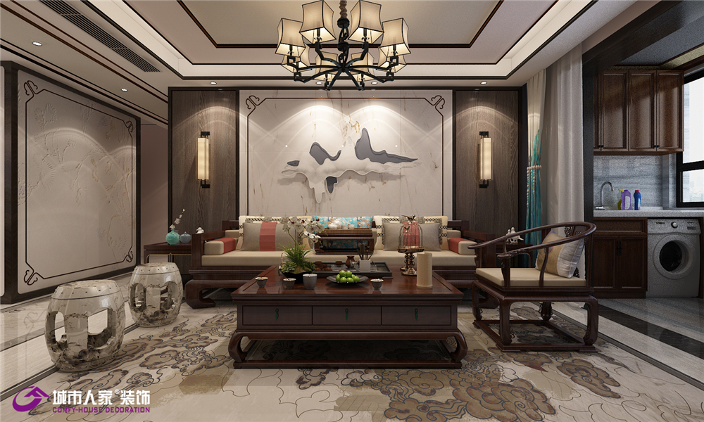 中式 客厅图片来自济南城市人家装修公司-在海尔云世界三室两厅中式装修的分享