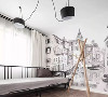 白色墙体搭配黑白素描壁画，空间与自然融合，目前作为多功能空间使用，在未来生活有个二宝，壁画营造了丰富的想象力的家具空间。