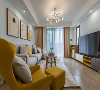 客厅装修：任何空间都会有视觉中心，在这个空间里，中心的主导就是色彩。墙面大面积涂刷淡蓝色墙漆，小巧雅致的家具上偶有的一抹亮黄色使得客厅显得更为小清新。