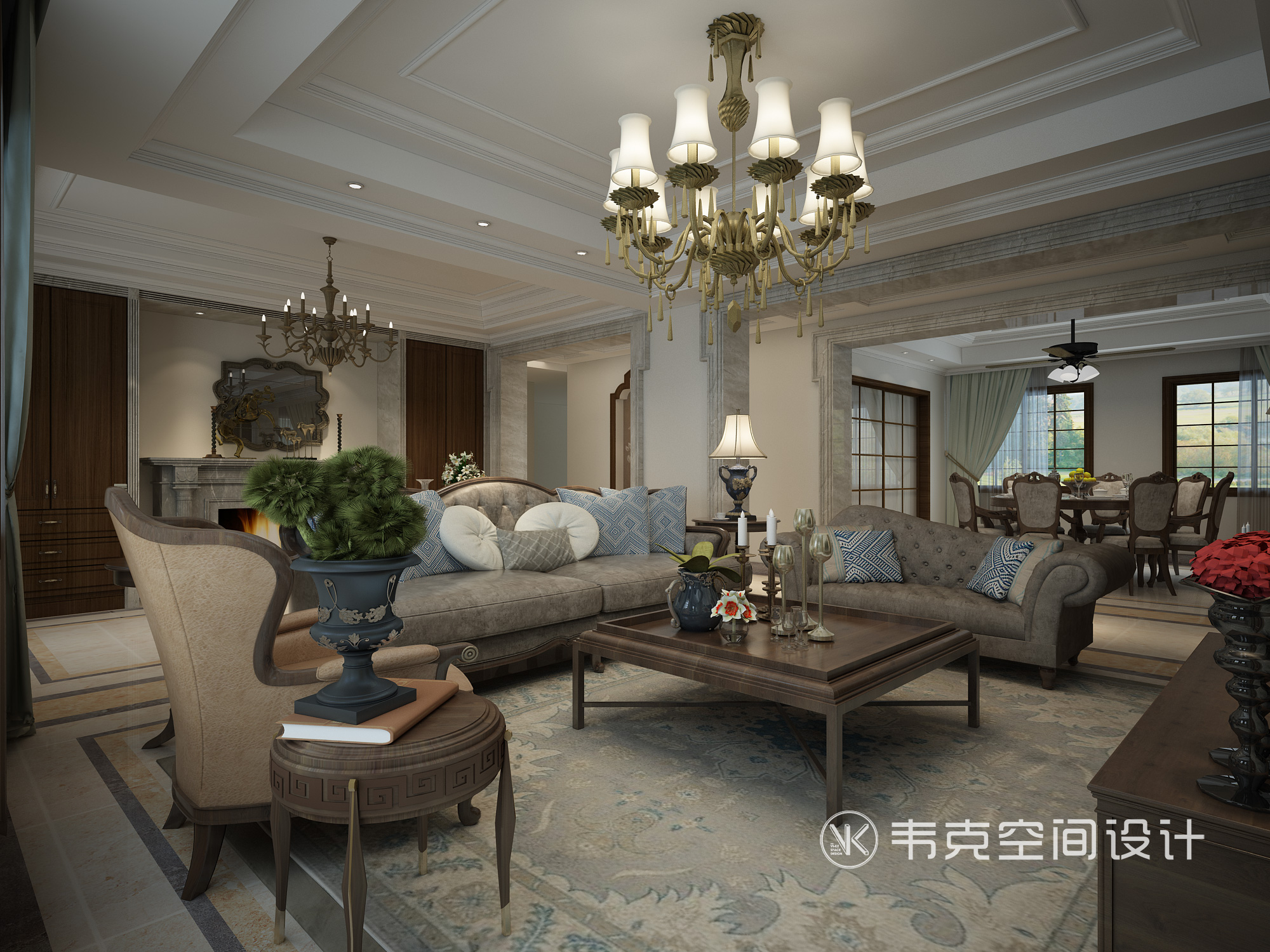 别墅 客厅图片来自韦克空间设计在暖暖的古典美式，邂逅浪漫时光的分享
