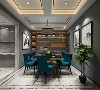 餐厅墙面采用高级灰配色，餐椅靠背采用深蓝色布艺，起到很好的视觉效果