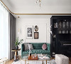 沙发背景墙简单却充满艺术性，搭配天鹅绒家具与金属镀铜元素