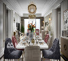 餐厅桌椅与背景墙的金属元素与客厅相对应，是整体风格相统一。餐椅选用的玫瑰红，深灰蓝、与奶白色与客厅沙发相呼应增强了空间的统一性，与整体淡雅的背景色形成一个对比，丰富了空间的层次感，避免单调性。