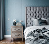 客卧（二）
低敛的蓝色与灰色绷板床头营造适合睡眠的沉稳气氛，而地面的温润木地板则挹注暖意，中和暗色调的冰冷感受。