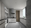 灰色大理石和白色橱柜的相结合，使得厨房更具明亮感和空间感，大扇窗又使厨房整体空间更加通透。
