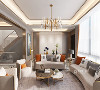 客厅为现代轻奢风格，胡桃木色的主色调，轻奢优雅，凸显品质。