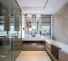 卫浴间采用米色和高级灰的搭配，色彩过渡自然，线条简洁流畅。同时，双台盆的设计十分别致，配套的卫浴产品也极具设计感。